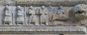 Pilgrims on the way to Rome from Duomo in Fidenza