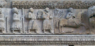 Pilgrims on the way to Rome from Duomo in Fidenza