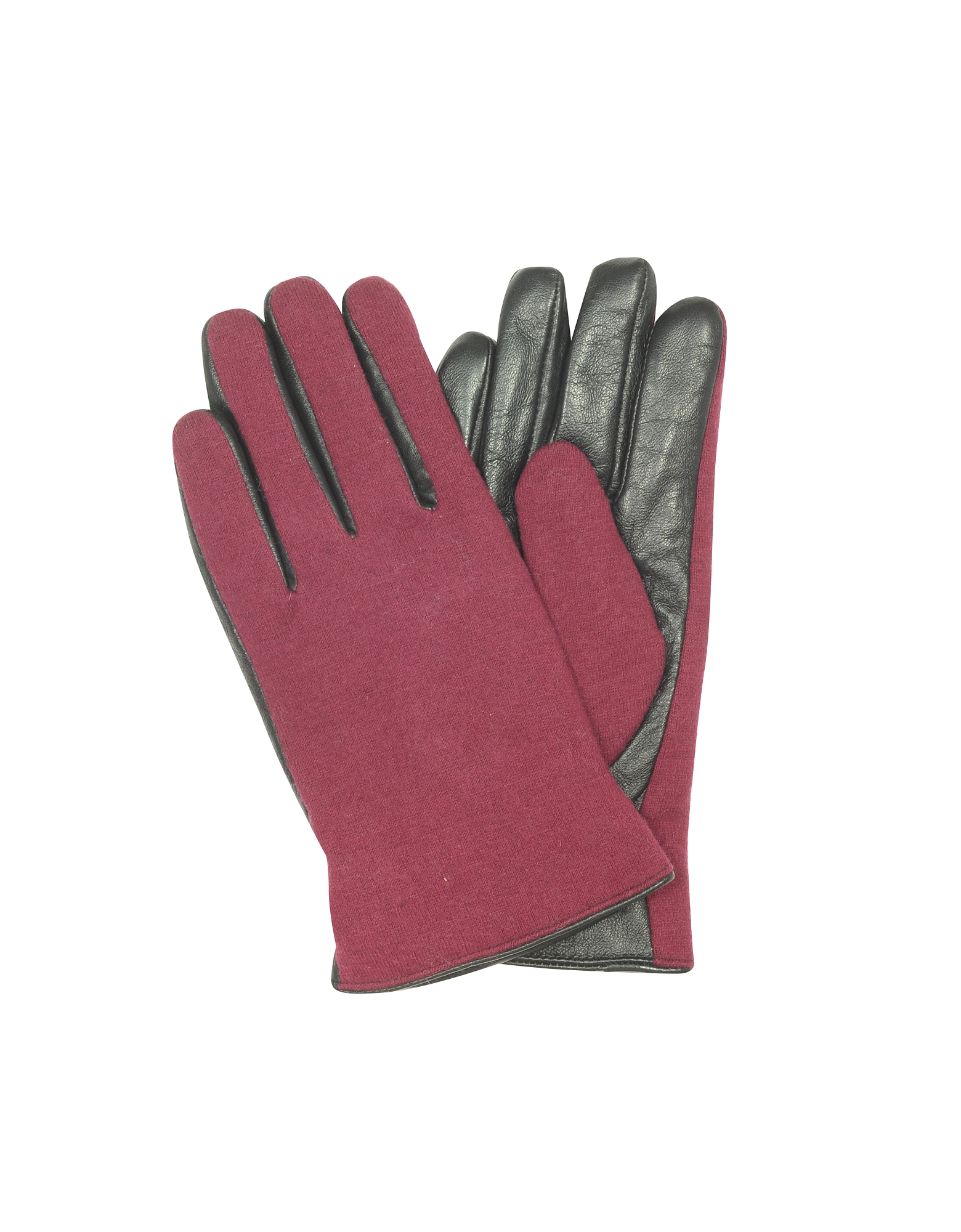 Forzieri Women's Gloves Black Leather & Burgundy Wool Women's Gloves