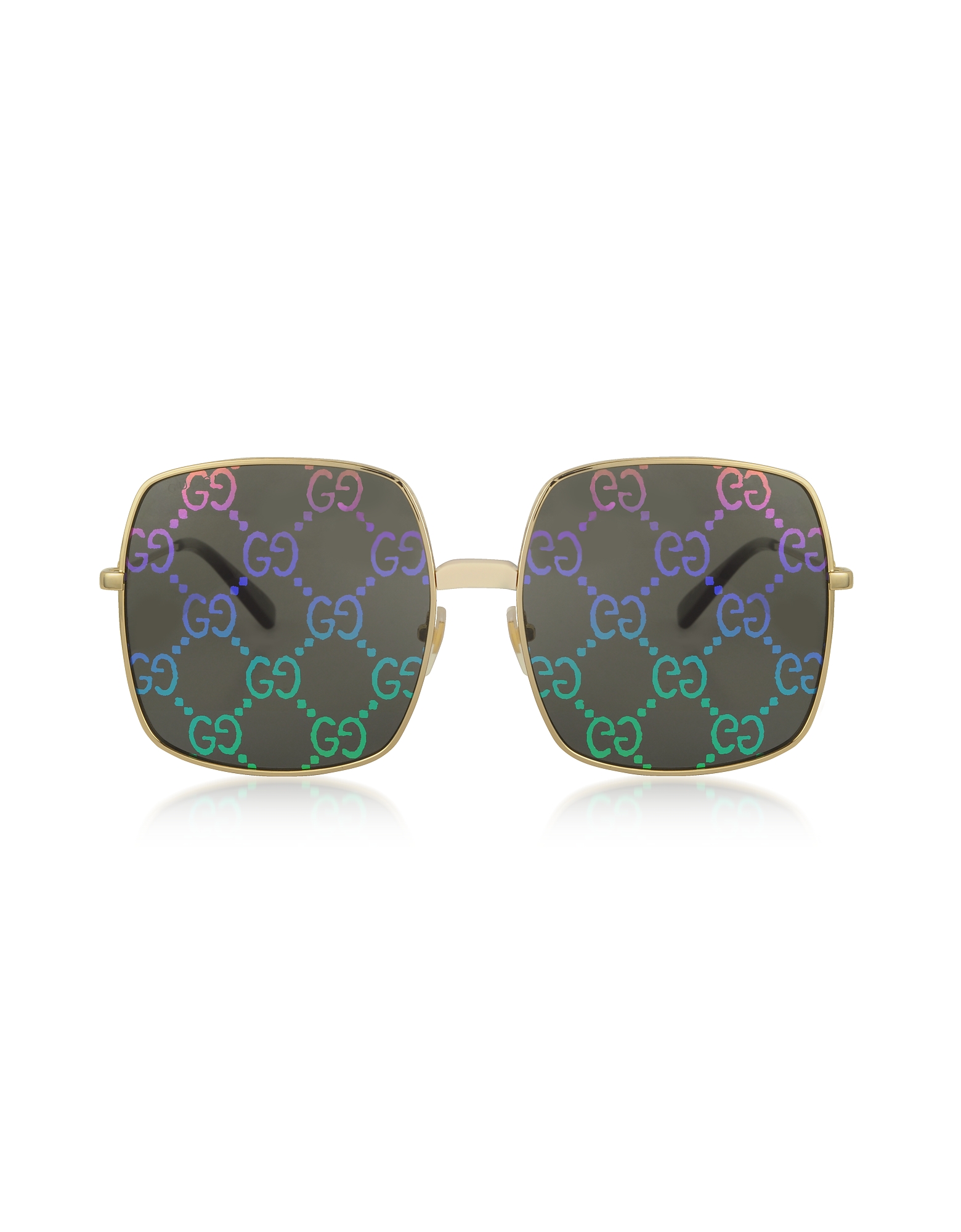 Gucci Sunglasses Rectangular-frame Metal Sunglasses w/ GG Pattern Lenses