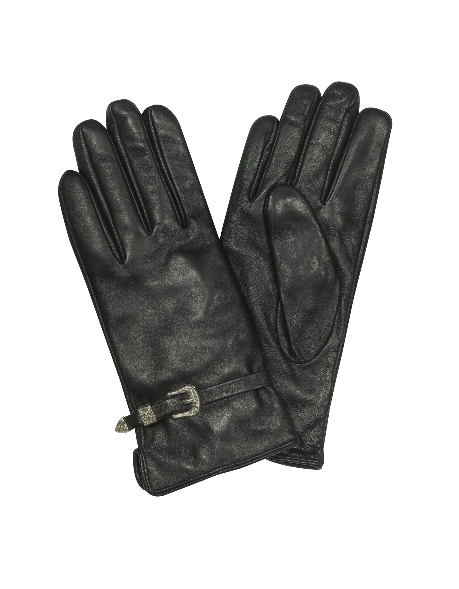 Roccobarocco Women's Gloves Biryani Black Leather Women's Gloves w/Buckles