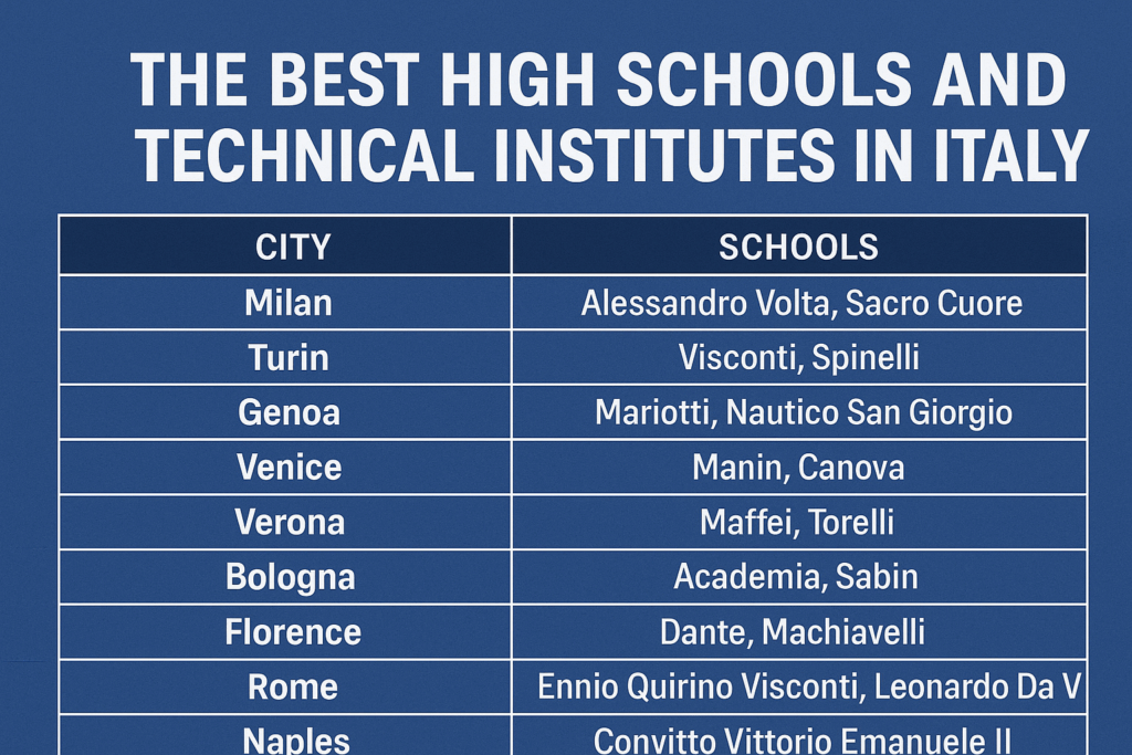 A city-by-city guide to Italy’s top licei and technical institutes (2024–2025), highlighting schools like Alessandro Volta, Sacro Cuore, Visconti, Spinelli, and Convitto Vittorio Emanuele II.