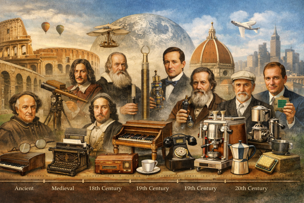 Discover the most influential Italian inventions of the last 2000 years, from Roman engineering to modern technology, with inventors, dates, and in-depth historical insights.