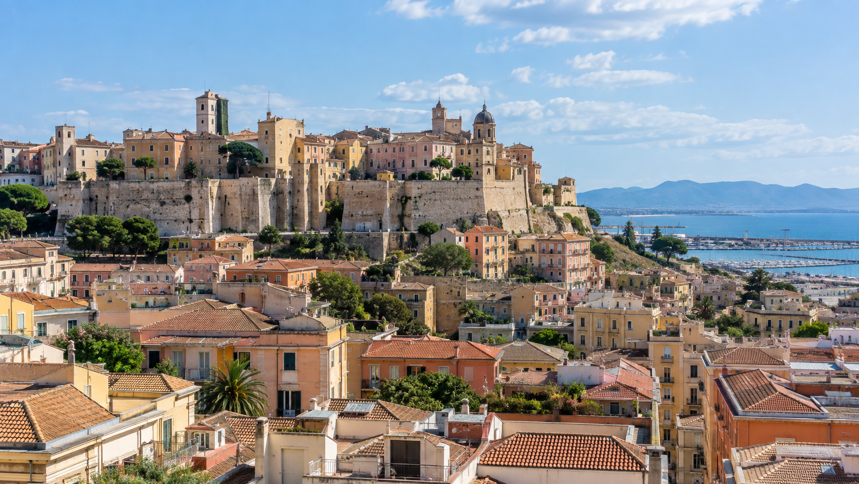 Historic Castello district and colorful rooftops overlooking the Gulf of Cagliari