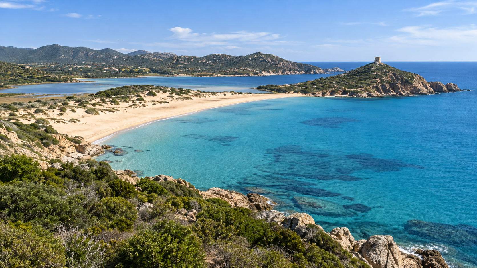 Turquoise sea, sandy beaches and a coastal watchtower near Chia in southern Sardinia