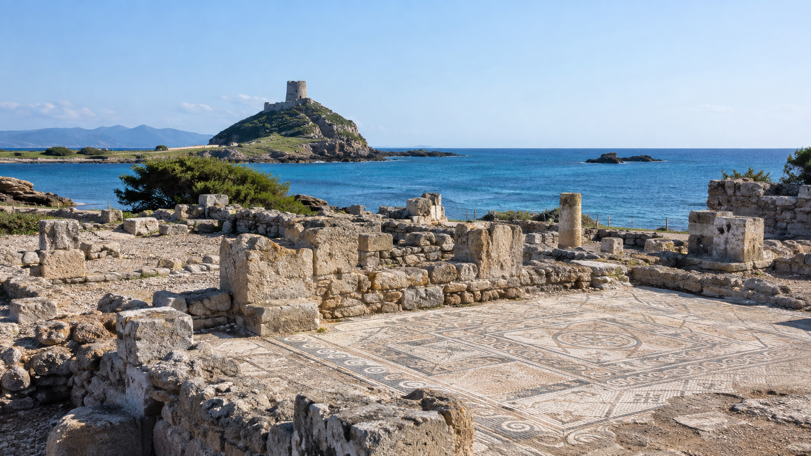 Roman ruins and mosaic floors at Nora beside the Mediterranean Sea in southern Sardinia